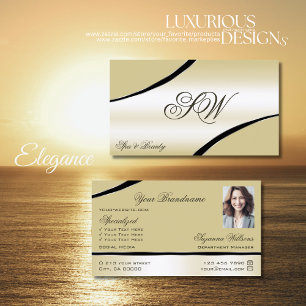 Champagne Beige Curved Decor Lines Monogram Photo Business Card