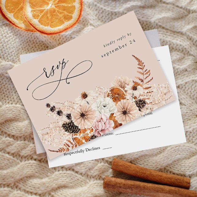 Champagne Beige & Orange Rustic Floral w Meal BE RSVP Card (Creator Uploaded)
