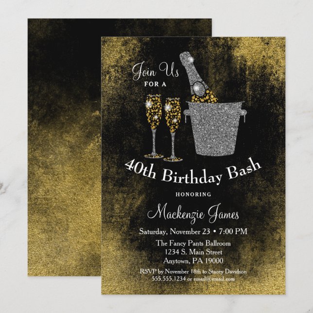 Champagne Birthday Invitation Black Gold Silver (Front/Back)