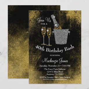 Champagne Birthday Invitation Black Gold Silver