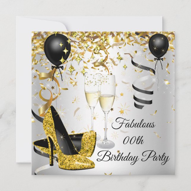 Champagne Birthday party Gold high Heels Silver Invitation (Front)
