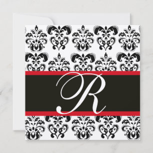 CHAMPAGNE & BLACK RED DAMASK MONOGRAM , white Invitation