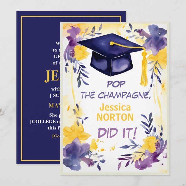 🎓Champagne Blooms Graduation  Invitation (Front/Back)