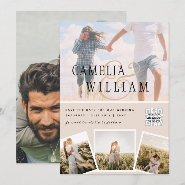 Champagne Blush PHOTO Wedding Invitation QR Code (Front/Back)