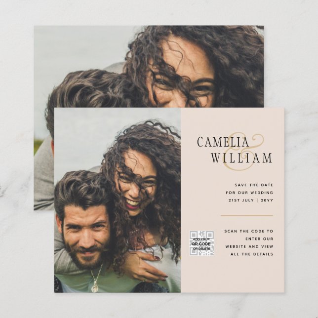 Champagne Blush PHOTO Wedding Invitation QR Code (Front/Back)