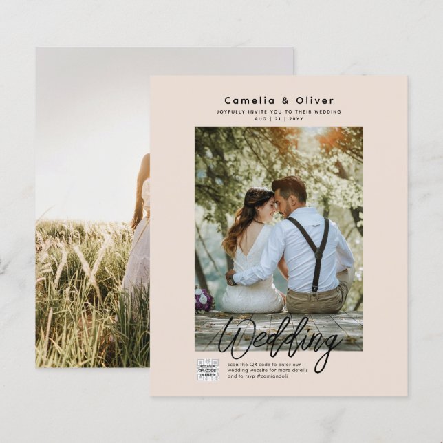 Champagne Blush PHOTO Wedding Invitation QR Code (Front/Back)