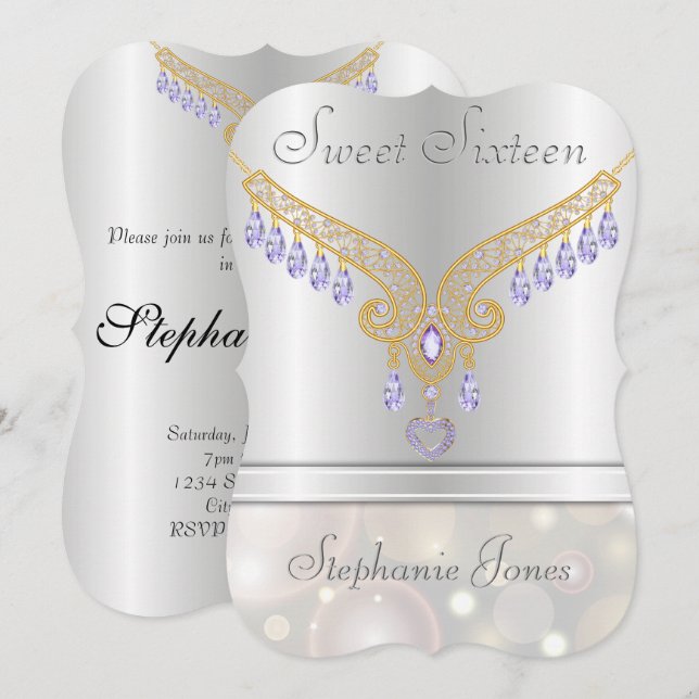 Champagne Bokeh Amethyst Diamonds Sweet Sixteen Invitation (Front/Back)