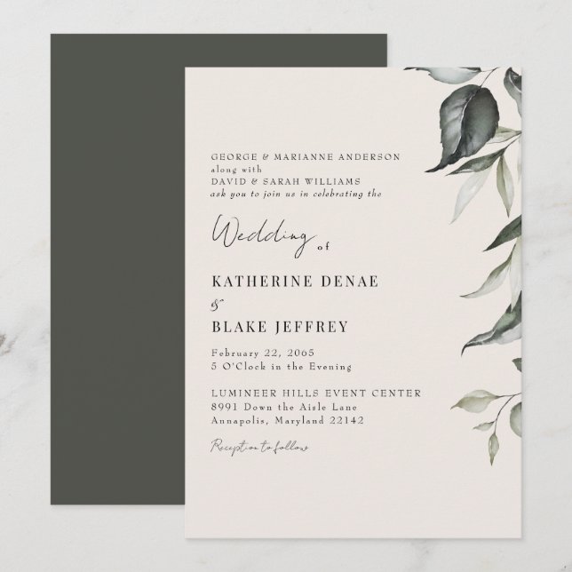 Champagne Botanical Foliage Wedding Invitation (Front/Back)