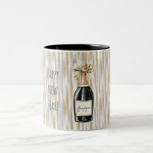 Champagne Bottle Gold Silver Stripes New Year Two-Tone Coffee Mug
