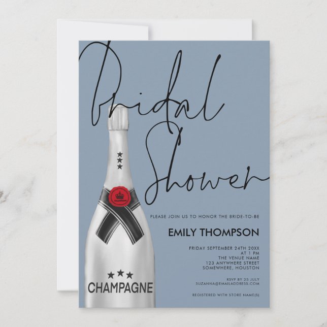 Champagne Bottle Script Dusty Blue Bridal Shower Invitation (Front)