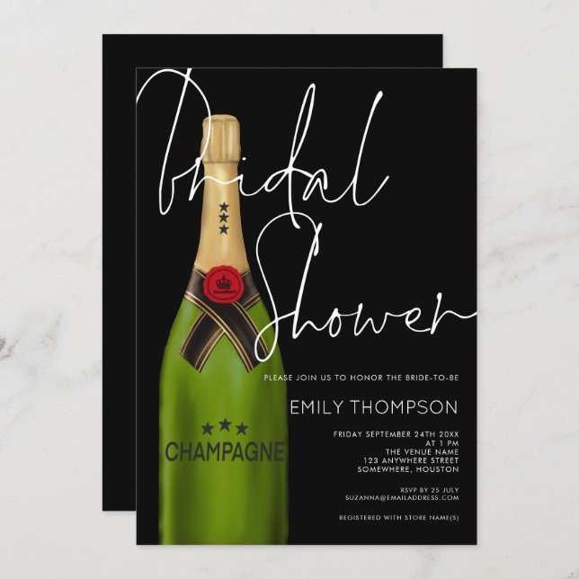 Champagne Bottle White Script Black Bridal Shower  Invitation (Front/Back)