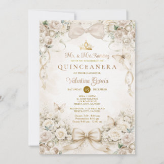 Champagne Bow Floral Quinceañera Princess Invitation