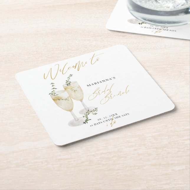 Champagne Bridal Brunch Gold Calligraphy Welcome Square Paper Coaster (Angled)