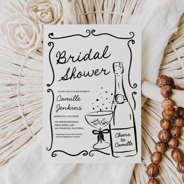 Champagne Bridal Shower Hand Drawn Invitation (Champagne Bubbly Bridal Shower Invitation)