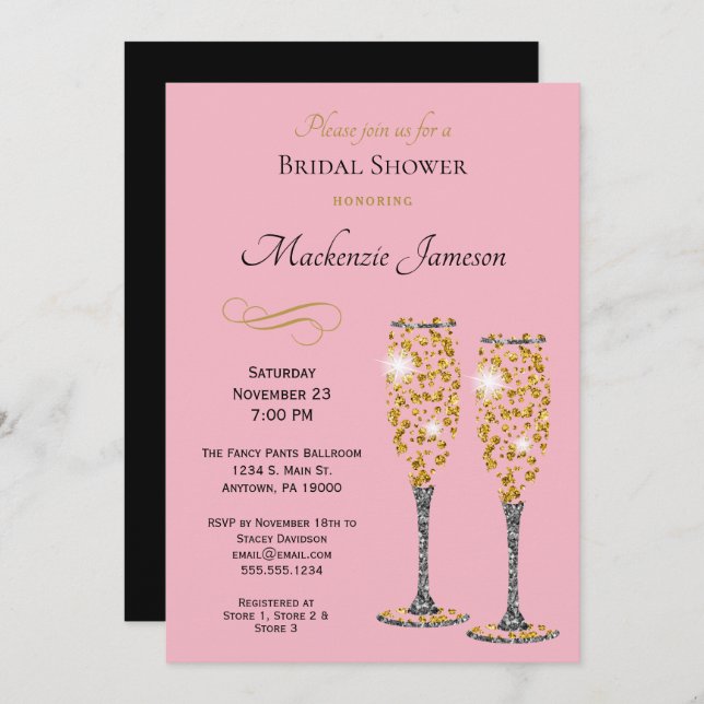 Champagne Bridal Shower Invitation Pink Black Gold (Front/Back)