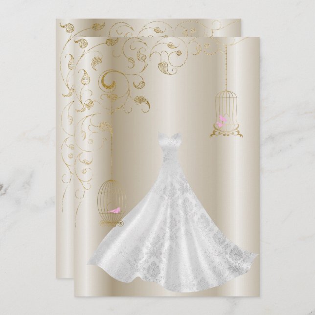 Champagne Bronze Dress Birdcage Modern wedding Invitation (Front/Back)