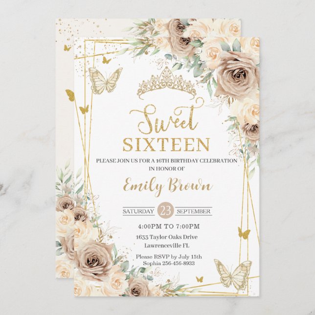 Champagne Brown Floral Butterflies Sweet Sixteen Invitation (Front/Back)