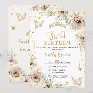 Champagne Brown Floral Butterflies Sweet Sixteen Invitation