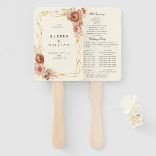 champagne brown roses blush pink wedding program hand fan