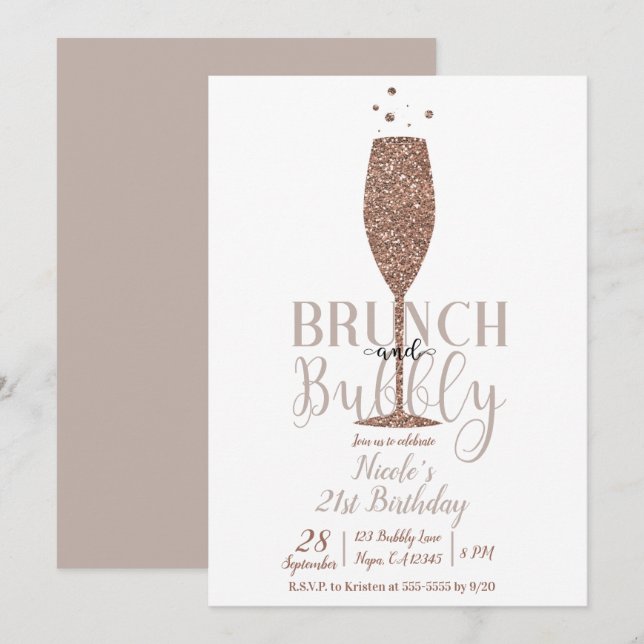 Champagne Brunch & Bubbly Rose Gold Birthday Party Invitation (Front/Back)