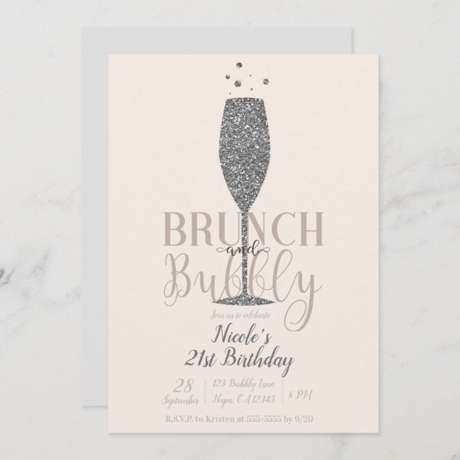 Champagne Brunch & Bubbly Silver Glitter Birthday Invitation (Front/Back)