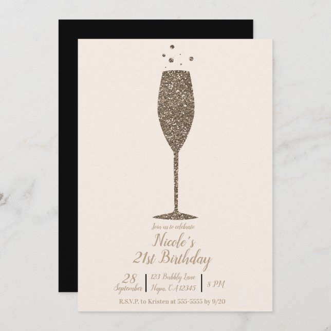 Champagne Bubbly Chic Glam Gold Birthday Party Invitation (Front/Back)