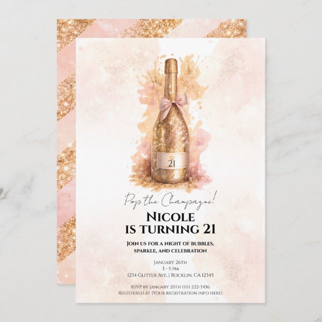 Champagne Bubbly & Gold Glitter 21 21ST Birthday  Invitation (Front/Back)