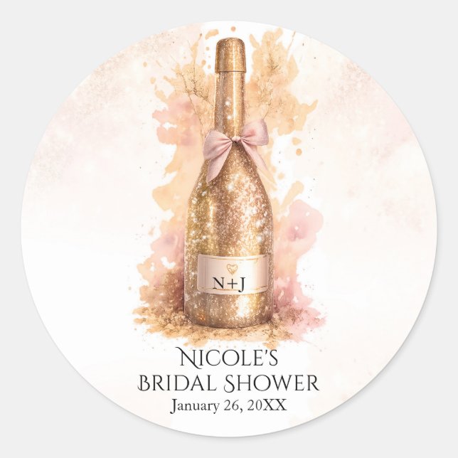 Champagne Bubbly & Gold Glitter Bridal Shower Classic Round Sticker (Front)
