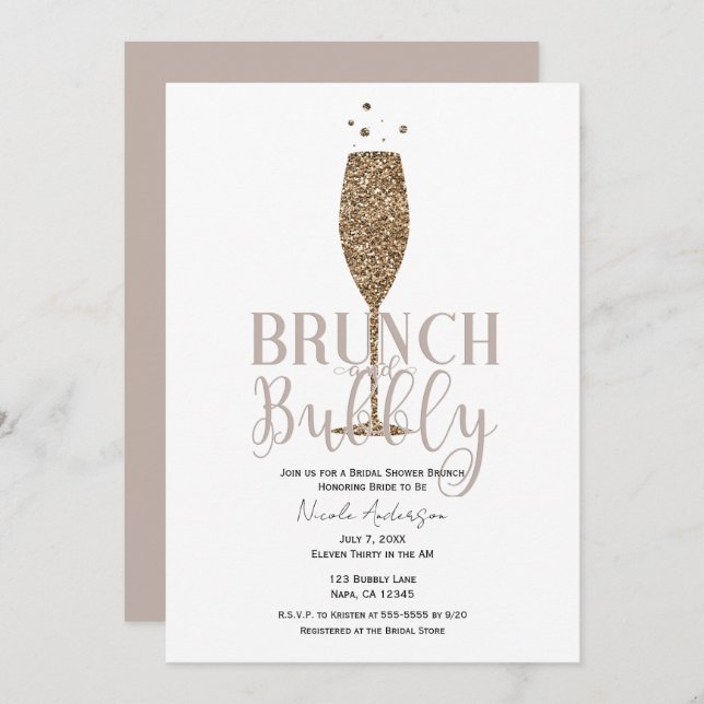 Champagne Bubbly Pink Beige Bridal Shower Brunch Invitation (Front/Back)