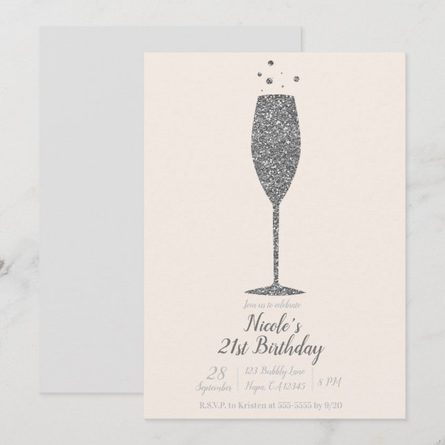 Champagne Bubbly Silver Glitter Birthday Party Invitation (Front/Back)