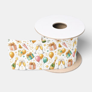 Champagne Celebration – Watercolor Birthday Design Satin Ribbon