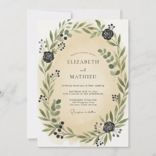 Champagne Charcoal Leafy Wedding Invitation