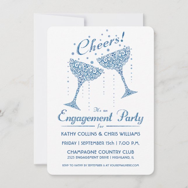 Champagne Cheer Engagement Invitation Blue (Front)