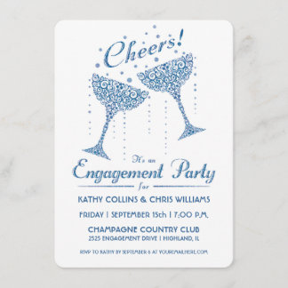 Champagne Cheer Engagement Invitation Blue