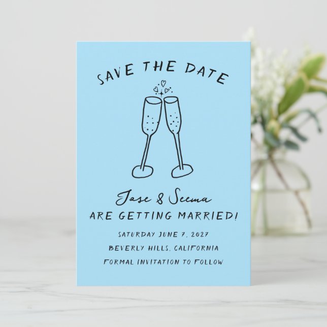 Champagne Cheers Hand Drawn Cute Custom  Save The Date (Standing Front)
