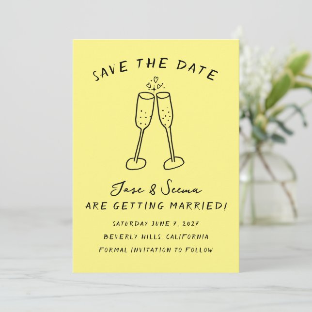 Champagne Cheers Hand Drawn Cute Custom  Save The Date (Standing Front)