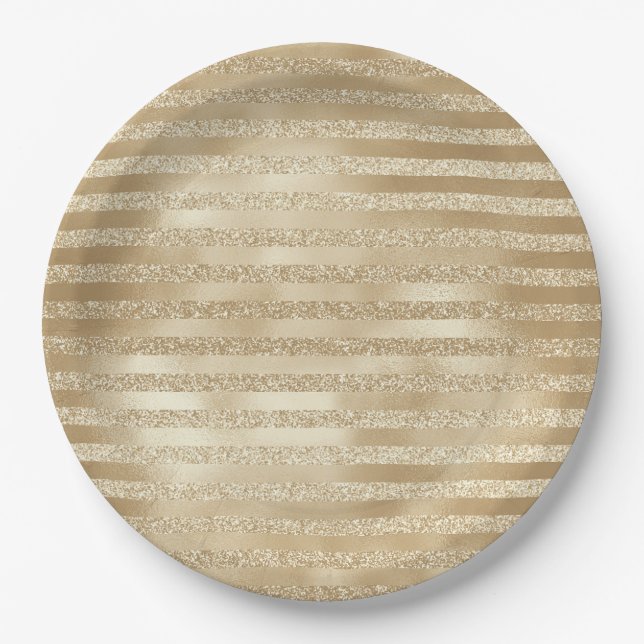 Champagne Christmas: Glittery Gold Stripes Paper Plate (Front)