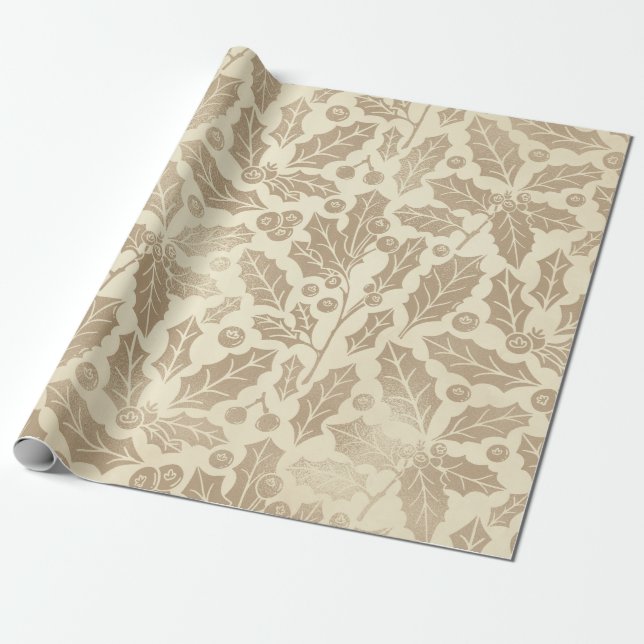 Champagne Christmas: Holly Leaves and Berries  Wrapping Paper (Unrolled)