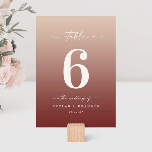 Champagne & Cinnamon Red Ombre Monogrammed Wedding Table Number (Creator Uploaded)