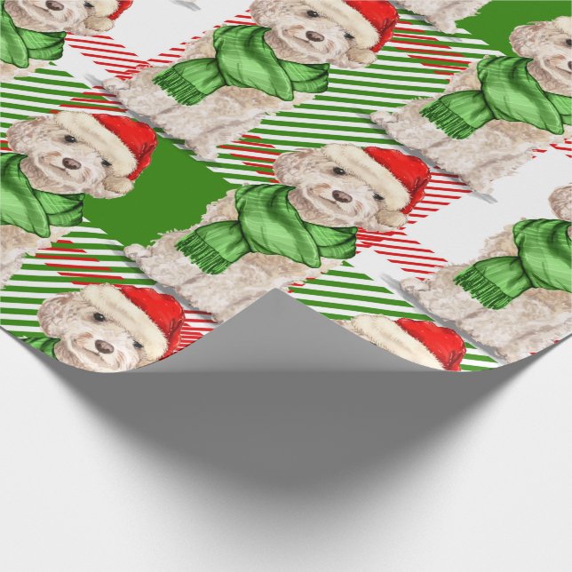 Champagne Cockapoo and Plaid Christmas Holiday Wrapping Paper (Corner)
