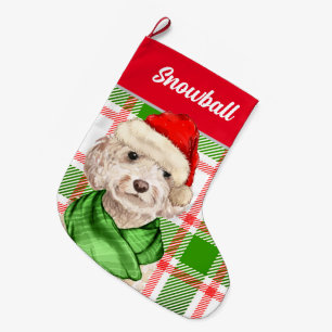 Champagne Cockapoo Christmas Plaid with Dog's Name Large Christmas Stocking