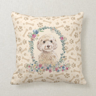 Champagne Cockapoo Dog Paw Print & Floral Cute Cushion