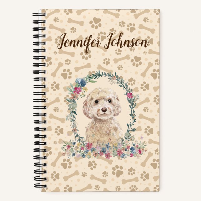 Champagne Cockapoo Dog Paw Print & Floral Cute Notebook (Front)