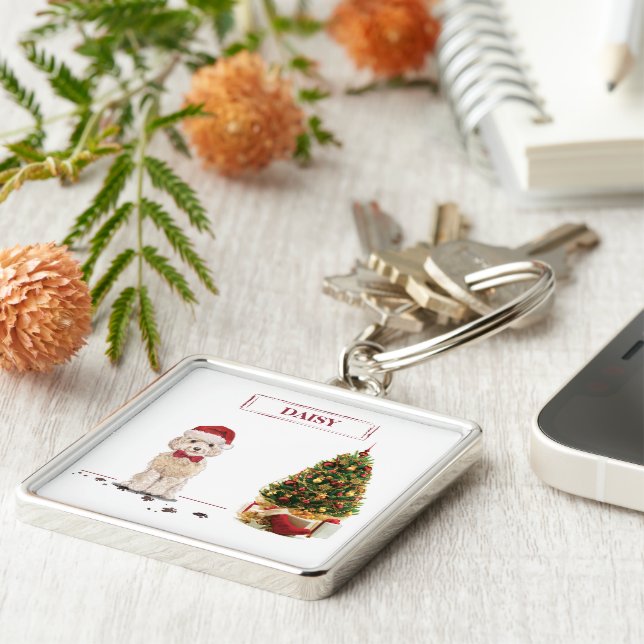 Champagne Cockapoo Funny Christmas Dog with Tree Key Ring (Side)