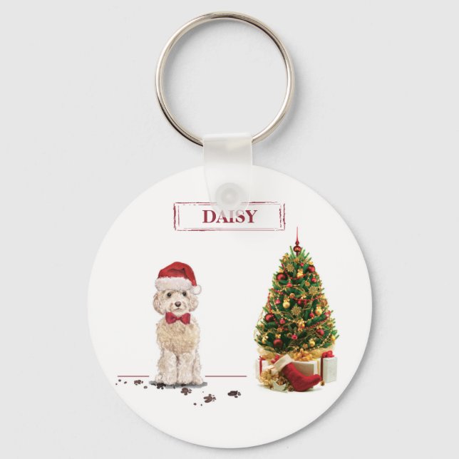 Champagne Cockapoo Funny Christmas Dog with Tree Key Ring (Front)