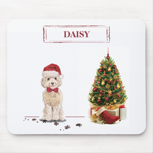 Champagne Cockapoo Funny Christmas Dog with Tree Mouse Pad (Front)