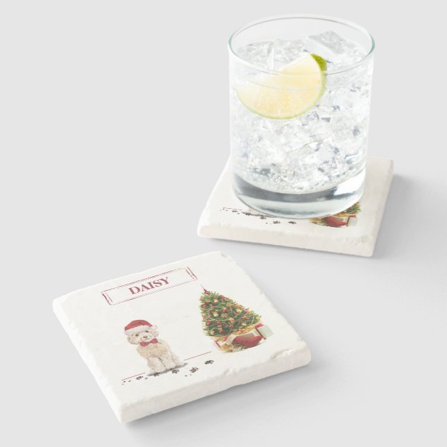 Champagne Cockapoo Funny Christmas Dog with Tree Stone Coaster (Side)