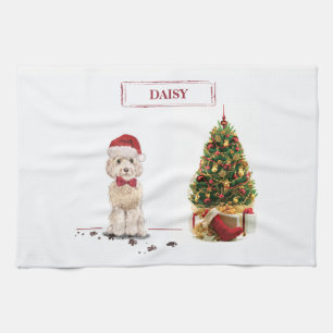 Champagne Cockapoo Funny Christmas Dog with Tree Tea Towel