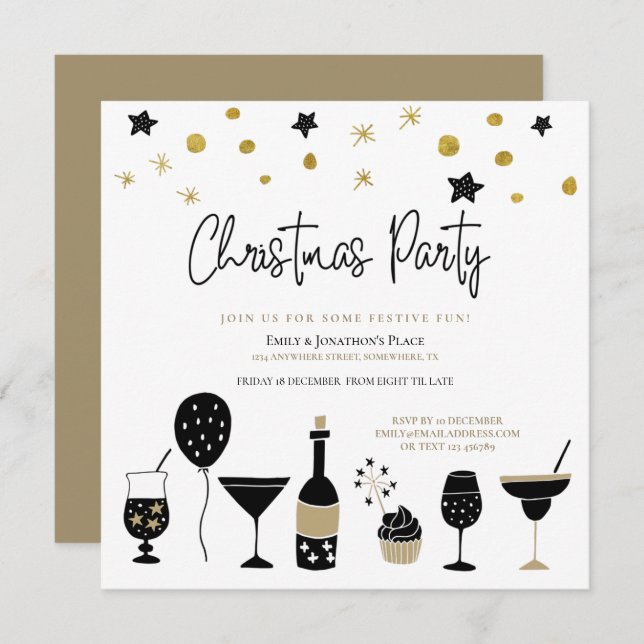 Champagne Cocktail Gold Black Christmas Party Invitation (Front/Back)