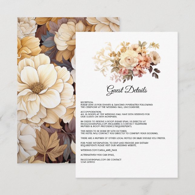 Champagne Coloured Floral Wedding Guest Details Enclosure Card (Front/Back)